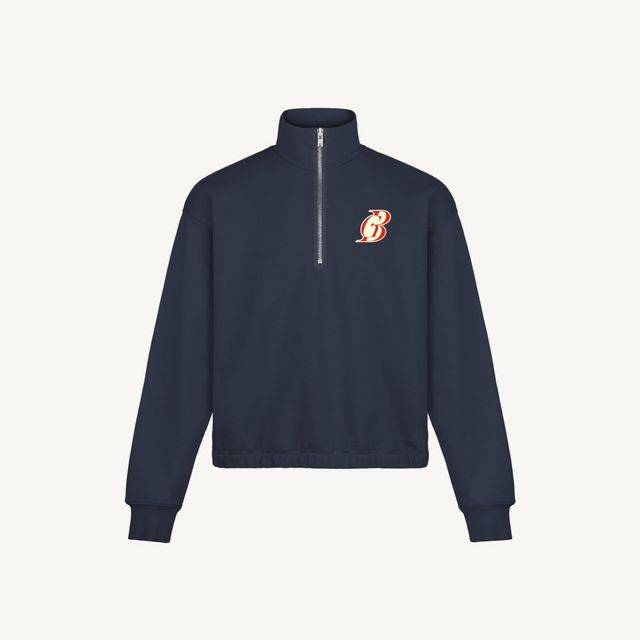 GB LOGO EMBROIDED ZIPUP Navy Blue Oversized Boxy 1/4-Zip Sweater.