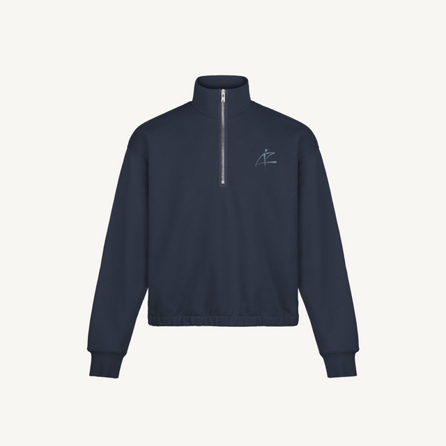 Logo quarter Zip Navy Blue Oversized Boxy 1/4-Zip Sweater.