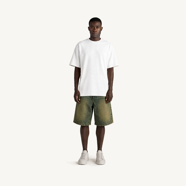 Faded Burn Light Blue Loose Fit Denim Shorts.