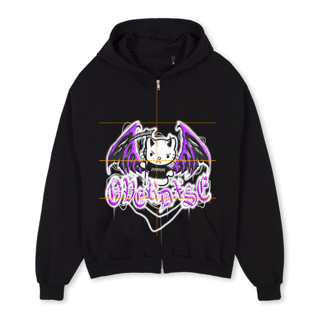 OVERDXSEKITTY Black Oversized Zipped Hoodie.