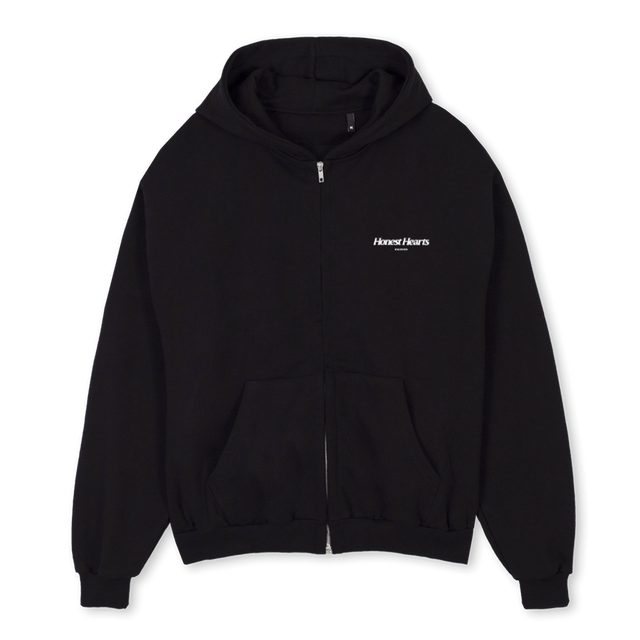 HONESTHEARTSMEMBERS Black Oversized Zipped Hoodie.