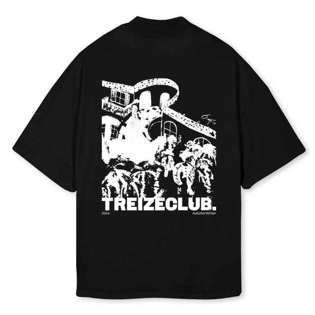 TREEEEIZEEE Black Oversized Mock Neck Tee.