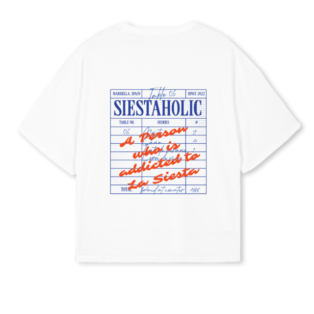 SIESTAHOLICBOXY White Oversized Boxy Tee.
