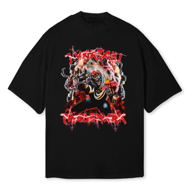 IRONMAIDENTEE Black Oversized Mock Neck Tee.