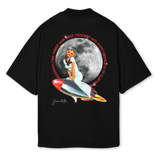 JVRTLISPACEFLIGHT Black Oversized Mock Neck Tee.