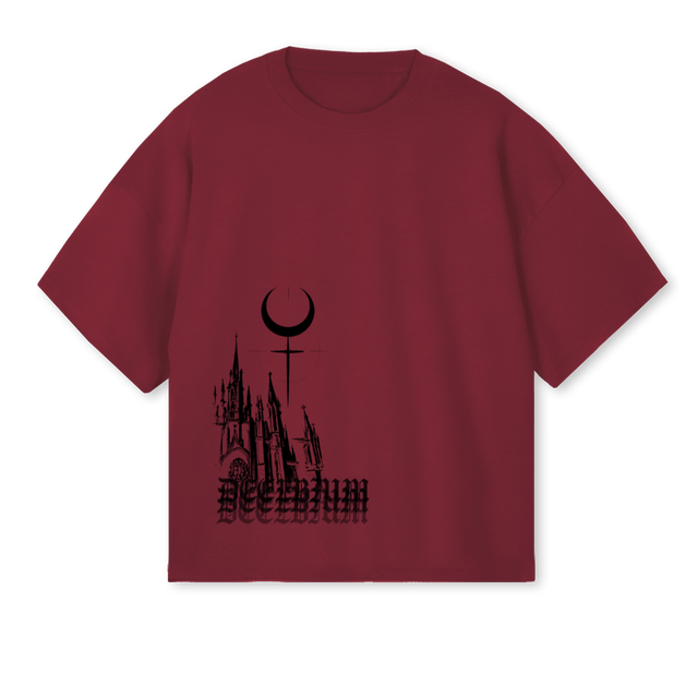 SYNDICATEDELIRIUM Burgundy Oversized Boxy Tee.