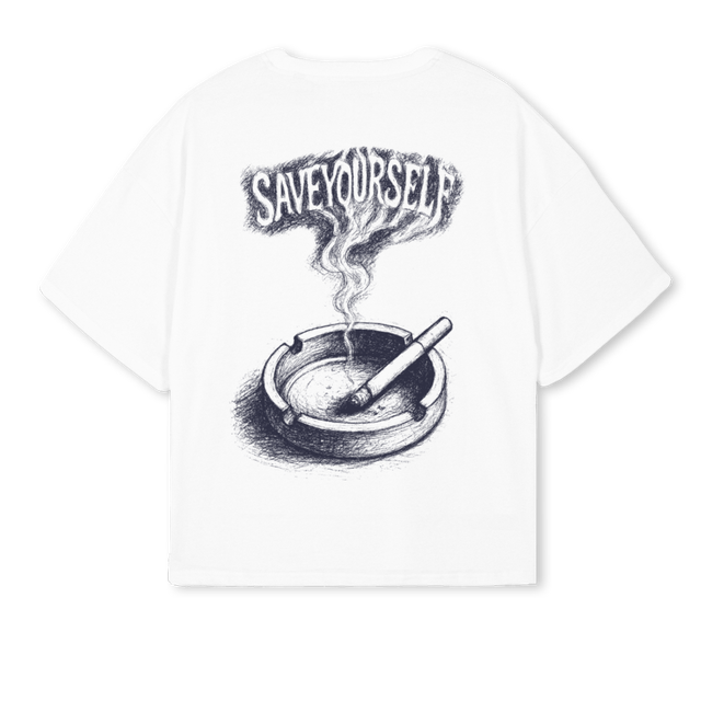 SMOKE_SAVEYOURSELF White Oversized Boxy Tee.