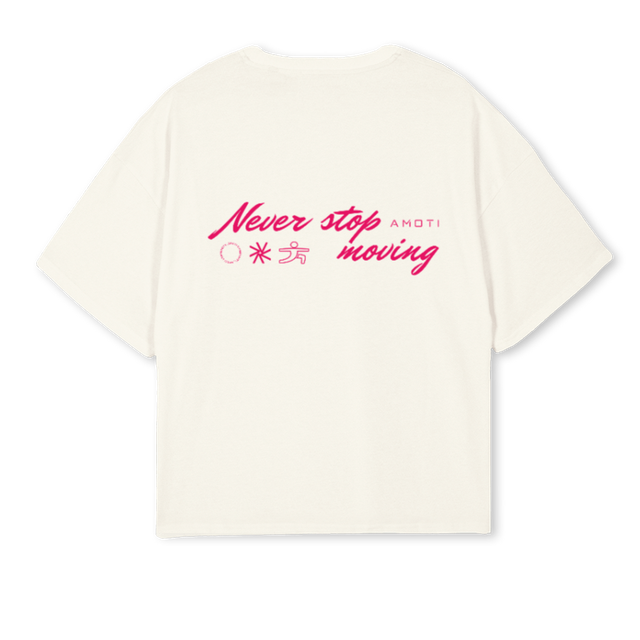 NEVERSTOPMOVINGRASPB Cream Oversized Boxy Tee.