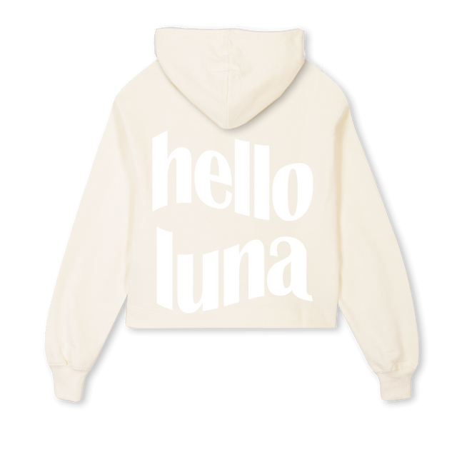 HELLOLUNASHORTHOODS Cream Cropped Hoodie.