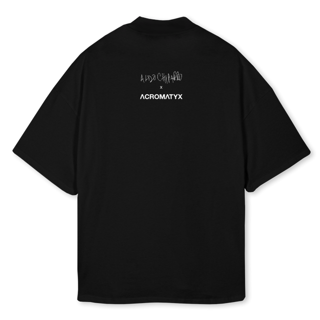 ALDOXACROMATYX Black Oversized Mock Neck Tee.