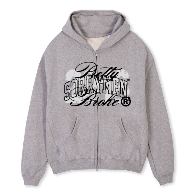 PRETTYBROKEHOODIE Grey Marl Oversized Zipped Hoodie.