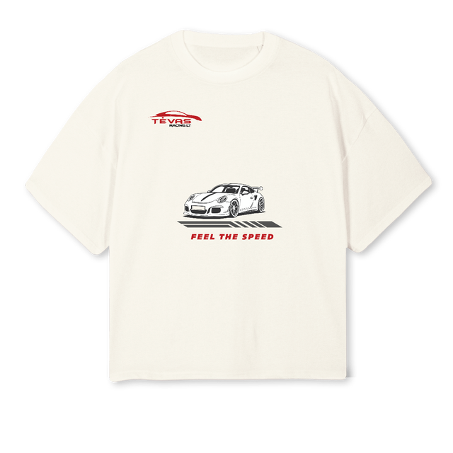 TEVASRACING Cream Oversized Boxy Tee.