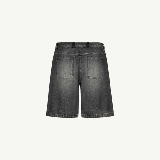 Faded Mid Black Loose Fit Denim Shorts.