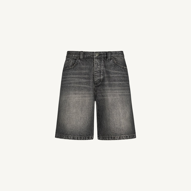 Faded Mid Black Loose Fit Denim Shorts.