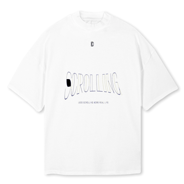 SCRE White Oversized Mock Neck Tee.