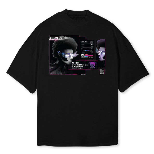 FINAL BOSS BLK Black Oversized Mock Neck Tee.