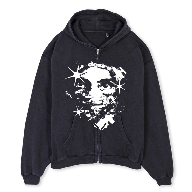 LOSTWARZIP Vintage Black Oversized Zipped Hoodie.