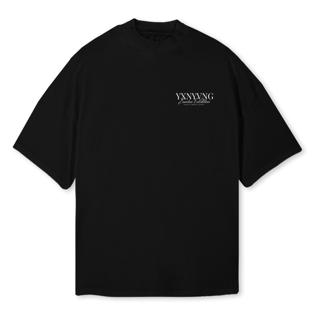 BACK WORDS MOCK T Black Oversized Mock Neck Tee.