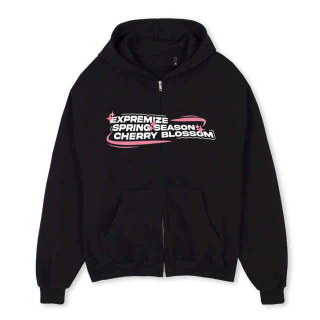 CHERRY BLOSSOM ZI Black Oversized Zipped Hoodie.