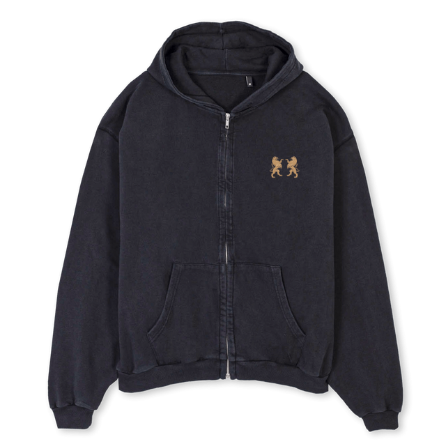 LION ZIPPER HOUD Vintage Black Oversized Zipped Hoodie.