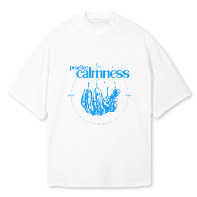 PRACTICECALMNESS White Oversized Mock Neck Tee.