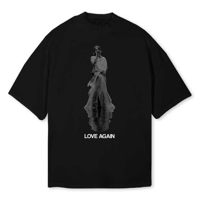 LOVEAGAINMOCK Black Oversized Mock Neck Tee.