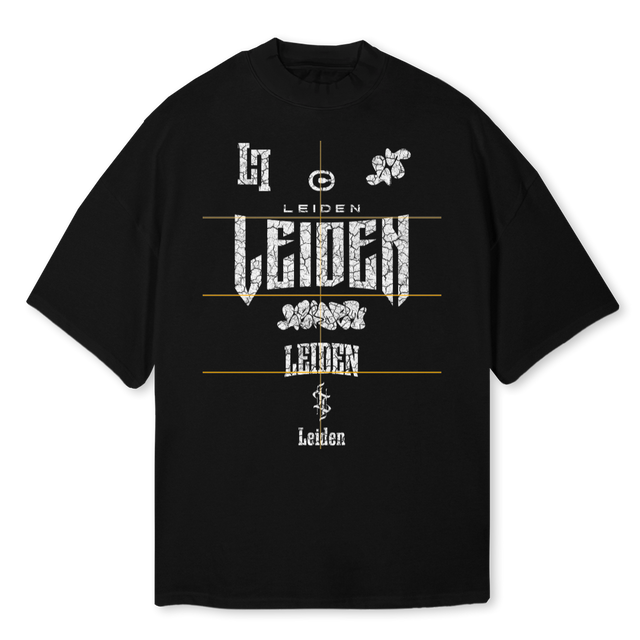 FULLLOGOLEIDENONE Black Oversized Mock Neck Tee.