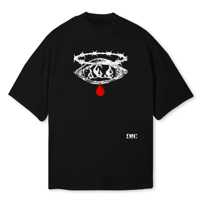 FEELPAINLETGO Black Oversized Mock Neck Tee.