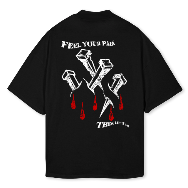 FEELPAINLETGO Black Oversized Mock Neck Tee.