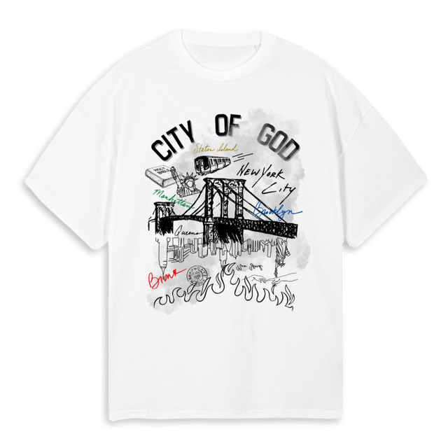 GODOFTHECITYREGNECK White Oversized Tee.