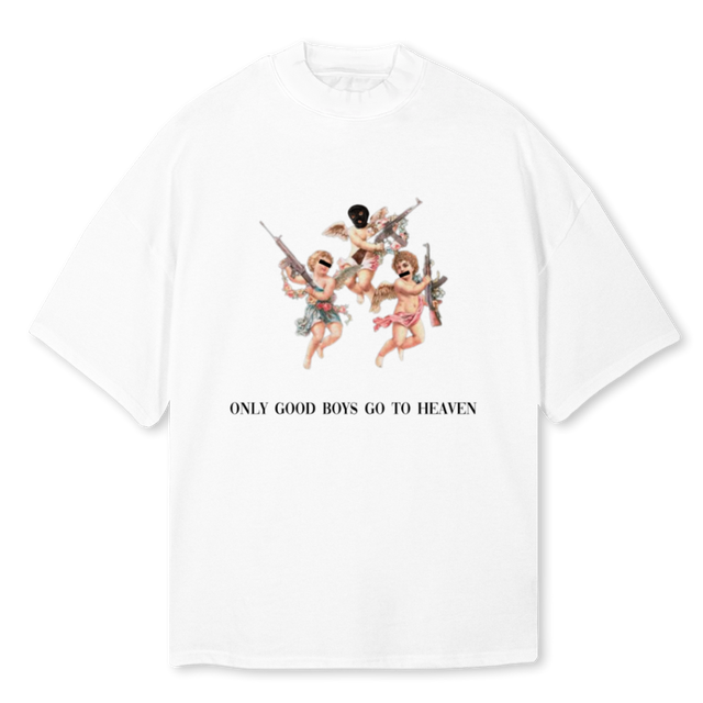 ANGEL SAMPLE White Oversized Mock Neck Tee.