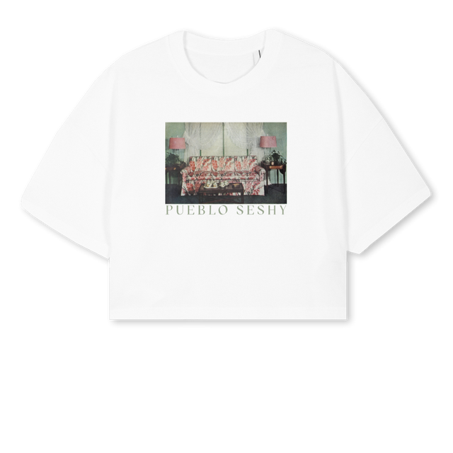 SESHY SOFA White Cropped Oversized Tee.