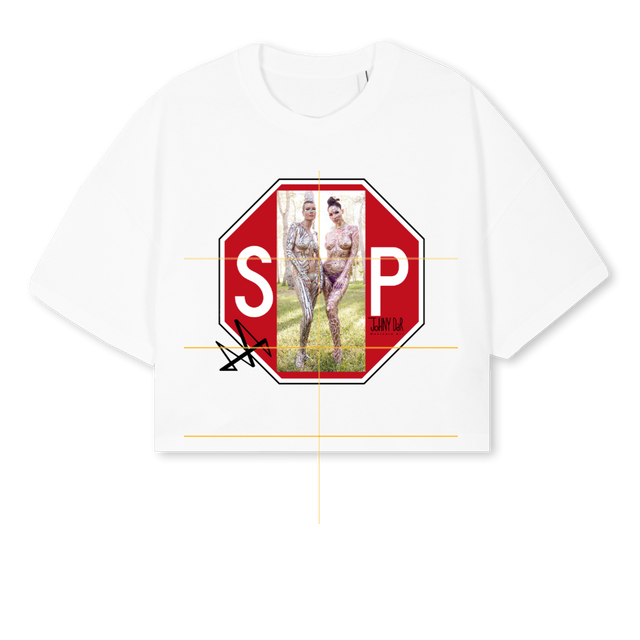 STOP White Cropped Oversized Tee.