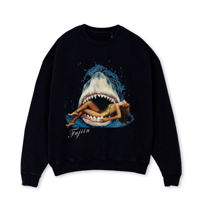 SHARK GIRL CRW Black Oversized Crewneck Sweater.