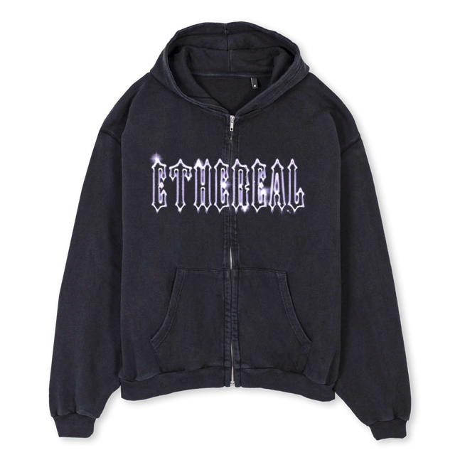 ETHEREAL ZIP HOODIE Vintage Black Oversized Zipped Hoodie.