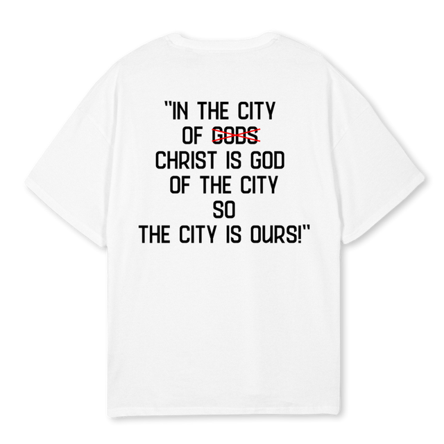 GODOFTHECITYREGNECK White Oversized Tee.