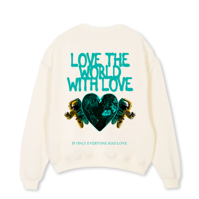 LOVE THE WORLD CREWN Cream Oversized Crewneck Sweater.