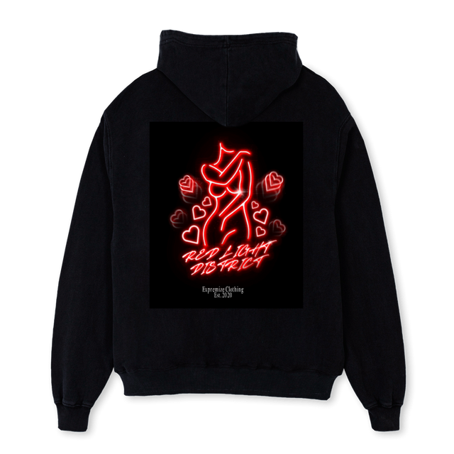 RED LIGHT Black Oversized Zipped Hoodie.