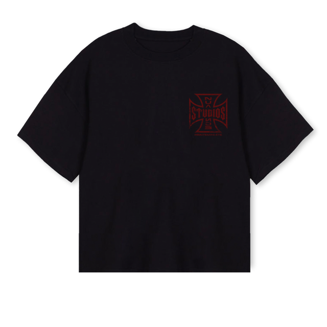 NUANCECROSSRED Black Oversized Boxy Tee.