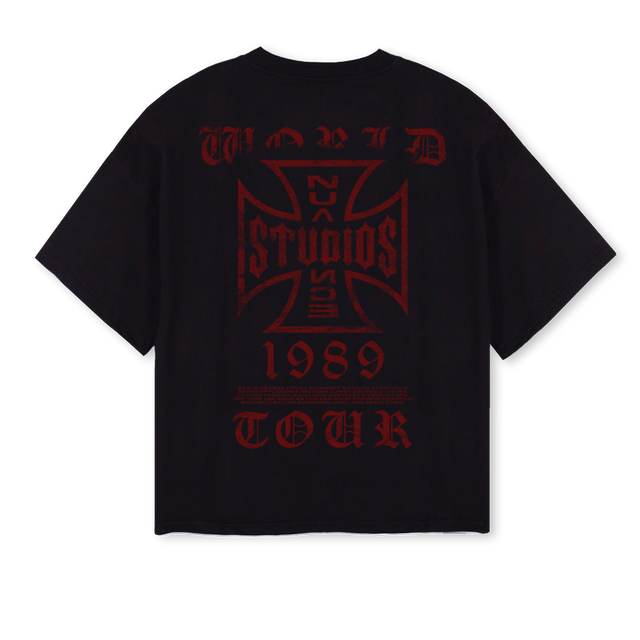 NUANCECROSSRED Black Oversized Boxy Tee.