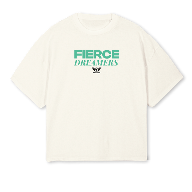 FIERCE DREAMERS Cream Oversized Boxy Tee.