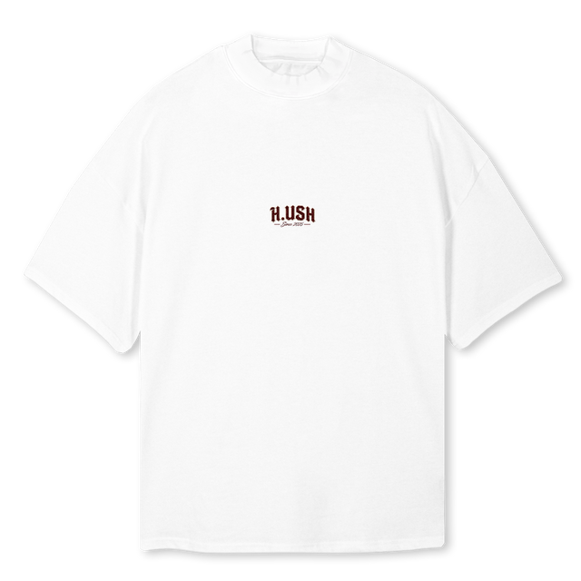 HUSH DYNASTY White Oversized Mock Neck Tee.