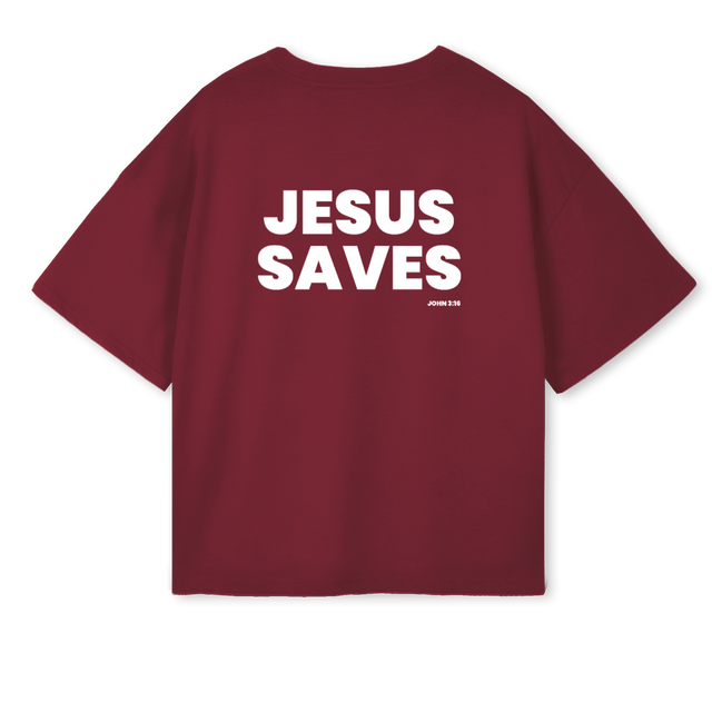 JESUSSAVES Burgundy Oversized Boxy Tee.
