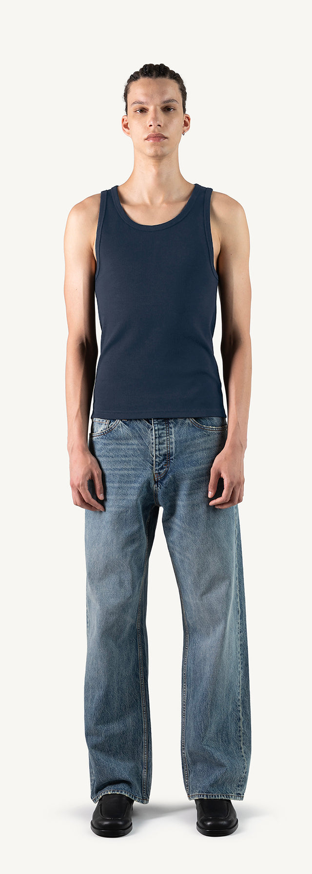 Navy Blue Slim Ribbed Tank.