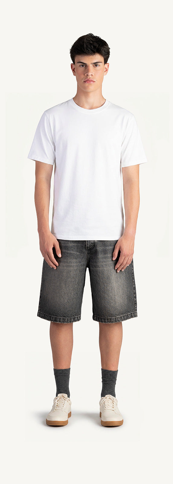Faded Mid Black Loose Fit Denim Shorts.