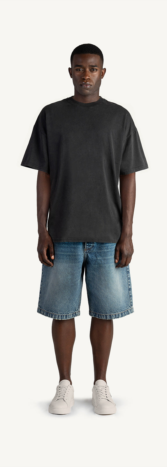 Faded Mid Blue Loose Fit Denim Shorts.