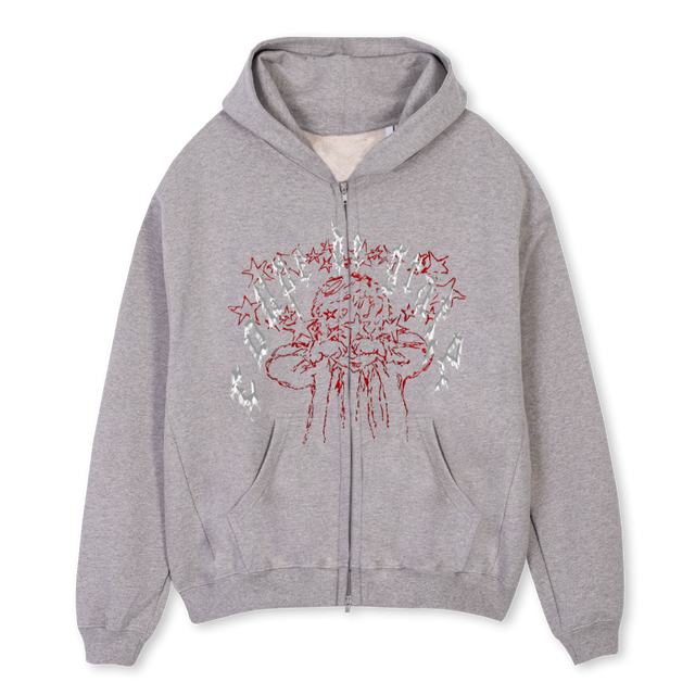 CRYBABY Grey Marl Oversized Zipped Hoodie.