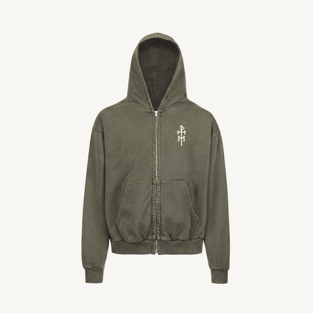 DIEMTI LOGO OX ZIPPED Vintage Olive Oversized Zipped Hoodie.