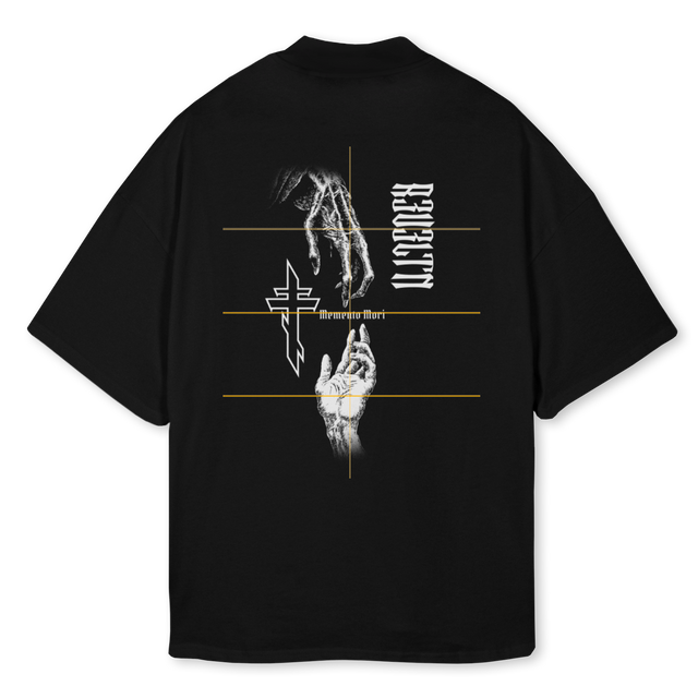 MEMENTO Black Oversized Mock Neck Tee.