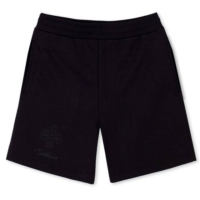 EMBLEMSHORTS Black Relaxed Sweatshorts.